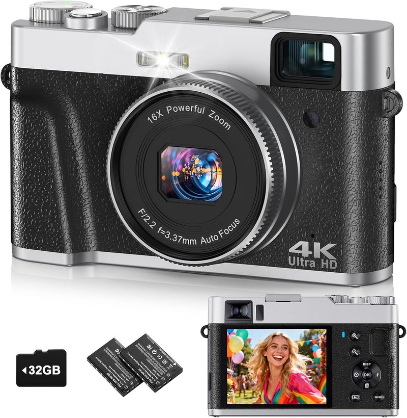 FlyFrost كاميرا رقمية 4K للتصوير، كاميرات فلوغينغ بدقة 48 ميجابكسل مع زوم رقمي 16X، كاميرا LCD بحجم 2.8 بوصة للتصوير الفوري لليوتيوب، كاميرات مدمجة مضادة للاهتزاز مع بطاقة micro SD سعة 32 جيجابايت و2 بطارية - Image 1